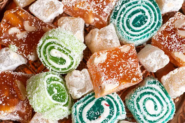 Assorted Turkish delight lokum with pistachios and coconut flakes