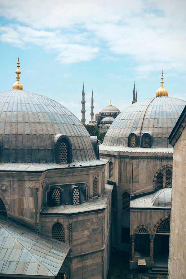 Historic Blue Mosque domes and minarets in Istanbul at sunset