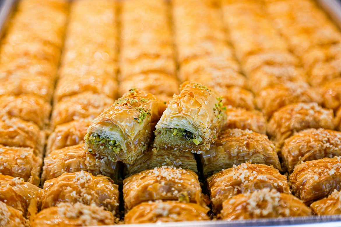Crispy traditional Turkish pistachio baklava sweet pastry dessert